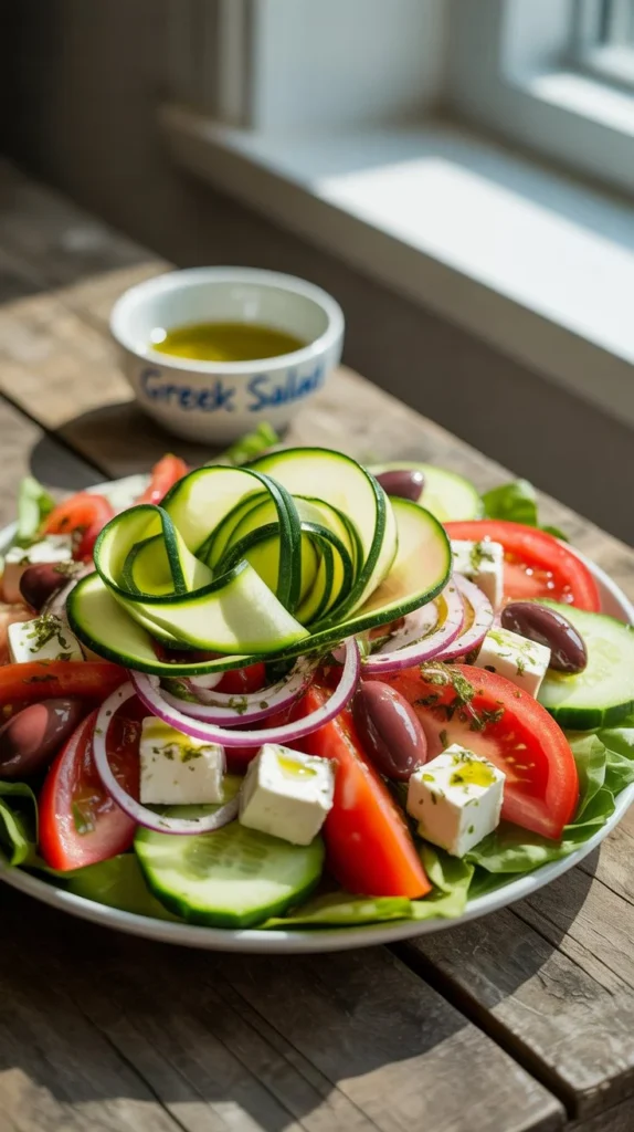Bright & Zesty Greek Salad with Crisp Zucchini Ribbons