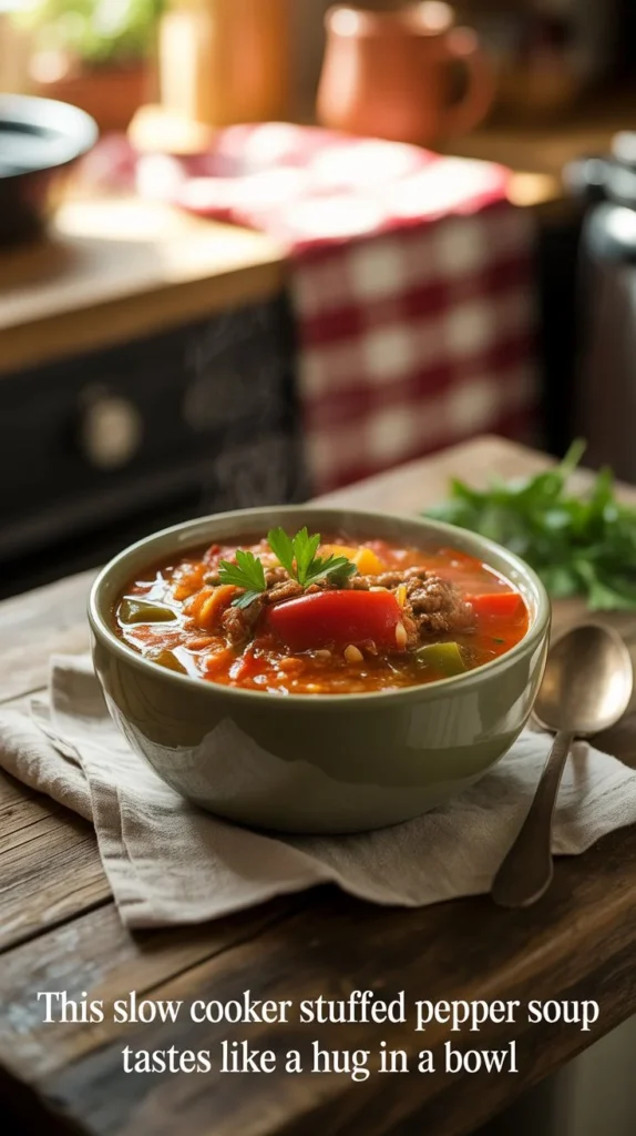 This Slow Cooker Stuffed Pepper Soup Tastes Like a Hug in a Bowl