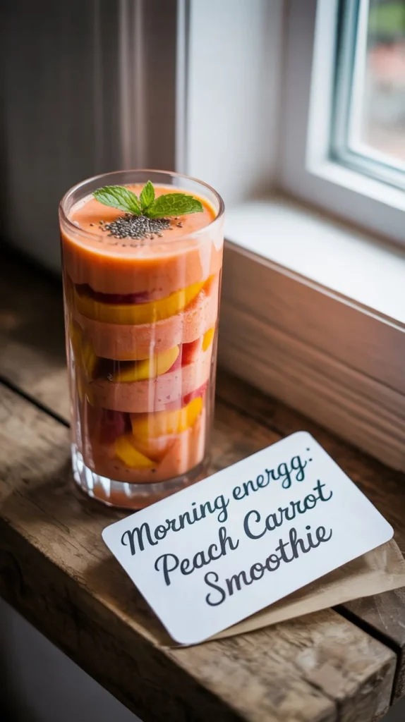 A photograph of a vibrant peach carrot smoothie.